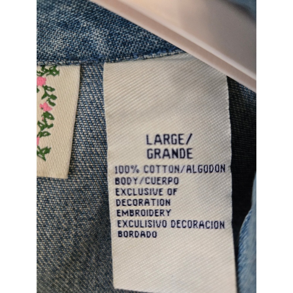 Vintage Embroidered Sunflower Ladybug Denim Jacket Blue Large L Cotton Pockets - Picture 5 of 16
